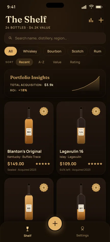 Dram Vault shelf screen showing 24 bottles worth $4.2k, category filters, a portfolio insights card, and bottle cards for Blanton's Original and Lagavulin 16 with price and rating