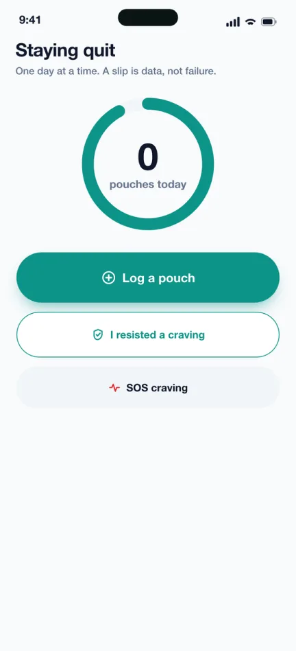 FreshQuit today screen with a ring showing 0 pouches today and buttons to log a pouch, record a resisted craving, or open SOS craving help
