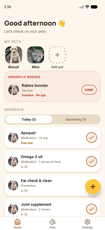 Pawfolio home screen greeting the owner, with pet photos for Biscuit and Miso, an urgently needed overdue rabies booster, and today's medication schedule with check-off buttons