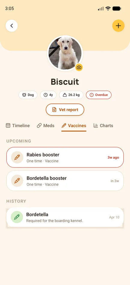 Biscuit's Vaccines tab listing an overdue rabies booster, an upcoming Bordetella booster, and a past Bordetella shot in history